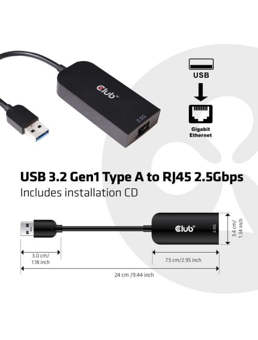 Club3D USB 3.2 Gen1 Type A to RJ 45 2.5 Gbps Adapter