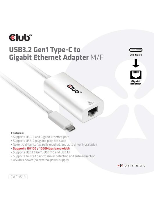 Club3D USB3.2 Gen1 Type-C to Gigabit Ethernet Adapter White