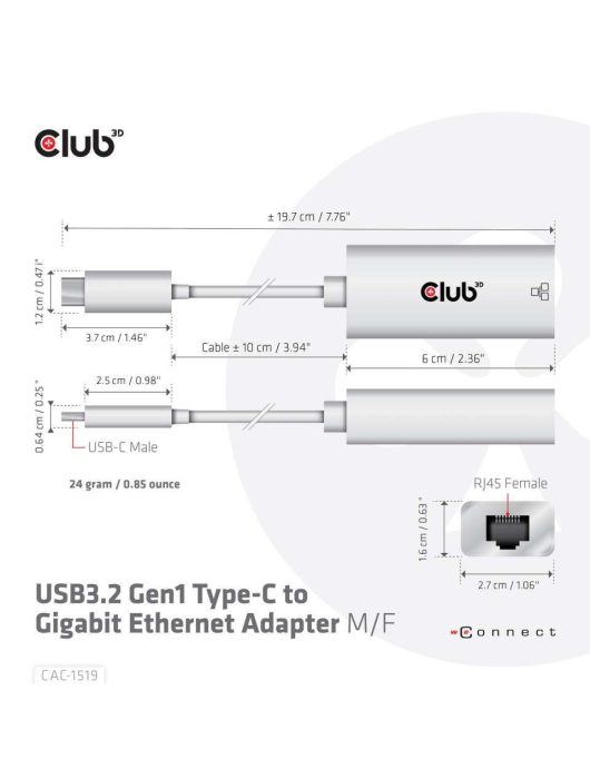 Club3D USB3.2 Gen1 Type-C to Gigabit Ethernet Adapter White