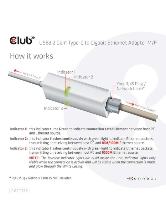 Club3D USB3.2 Gen1 Type-C to Gigabit Ethernet Adapter White