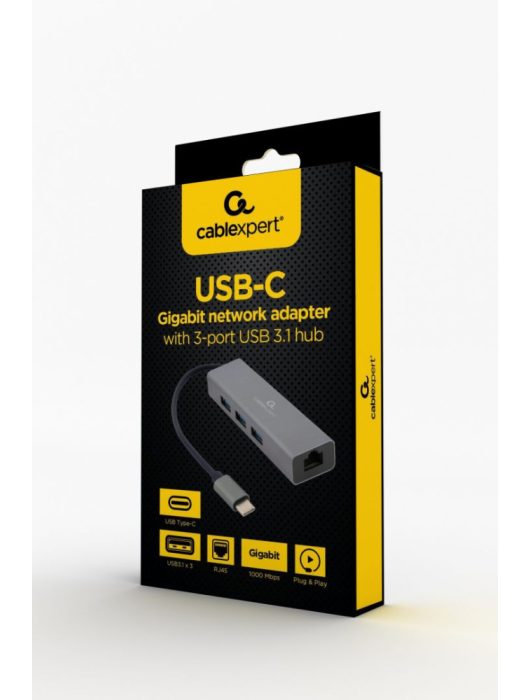 Gembird USB-C Gigabit network adapter with 3-port USB 3.1 hub Grey