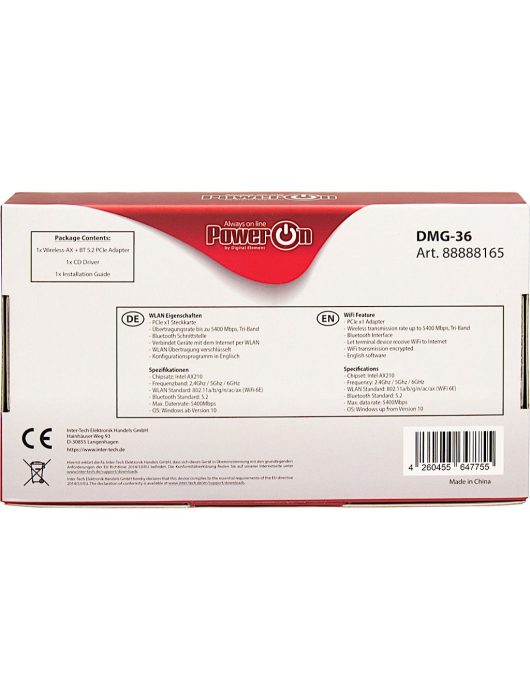 PowerON DMG-36 Wi-Fi 6 + BT5.2 PCIe Adapter
