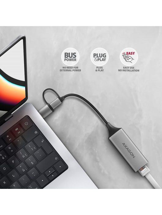 AXAGON ADE-TXCA USB-C + USB-A Gigabit Ethernet Adapter Grey