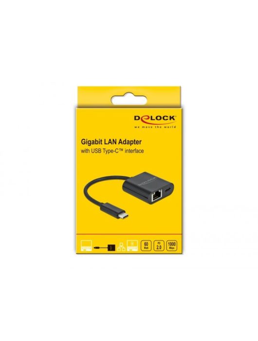 DeLock USB Type-C Adapter to Gigabit LAN 10/100/1000 Mbps with Power Delivery port Black