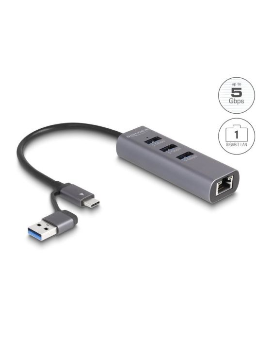 DeLock 3Port USB 5 Gbps Hub + Gigabit LAN with USB Type-C or USB Type-A connector in metal case