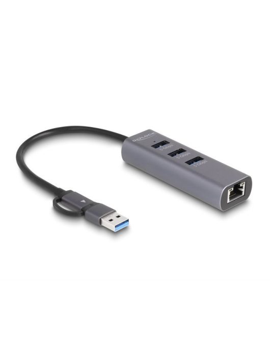 DeLock 3Port USB 5 Gbps Hub + Gigabit LAN with USB Type-C or USB Type-A connector in metal case