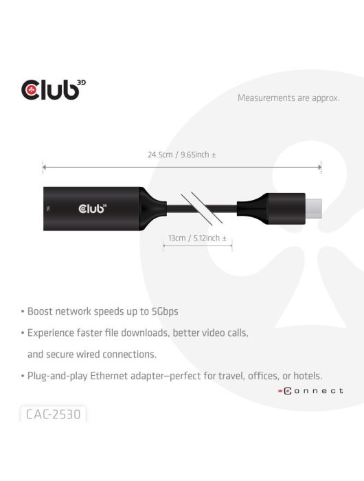 Club3D USB 5Gbps Type-C to RJ45 Ethernet M/F Black