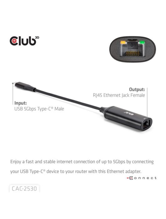 Club3D USB 5Gbps Type-C to RJ45 Ethernet M/F Black