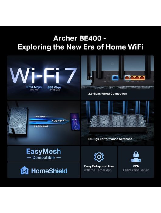 TP-Link Archer BE400 BE6500 Dual-Band Wi-Fi 7 Router
