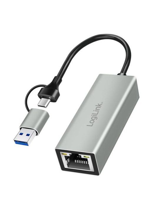 Logilink USB-C to Gigabit Ethernet Adapter with 2-in-1 USB Connection Grey