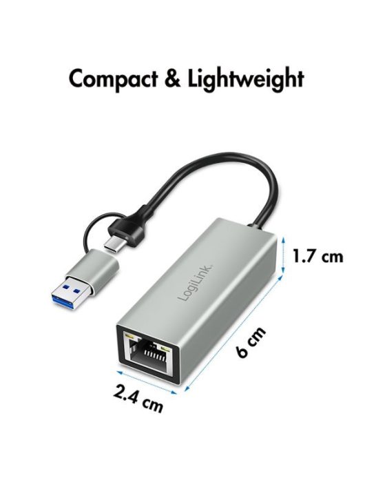 Logilink USB-C to Gigabit Ethernet Adapter with 2-in-1 USB Connection Grey