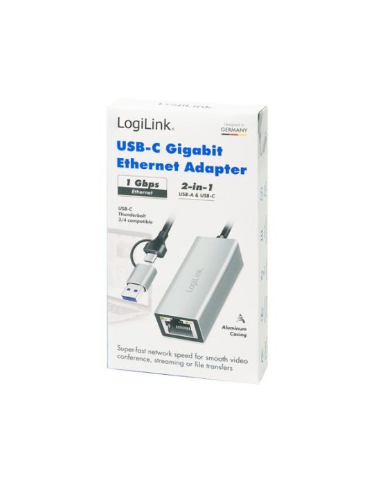 Logilink USB-C to Gigabit Ethernet Adapter with 2-in-1 USB Connection Grey
