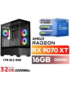   Gamer PC: Intel Core i7 12700F CPU 12. Generáció + AMD Radeon RX9070XT 16GB VGA+ 32GB DDR4 RAM+1TB SSD