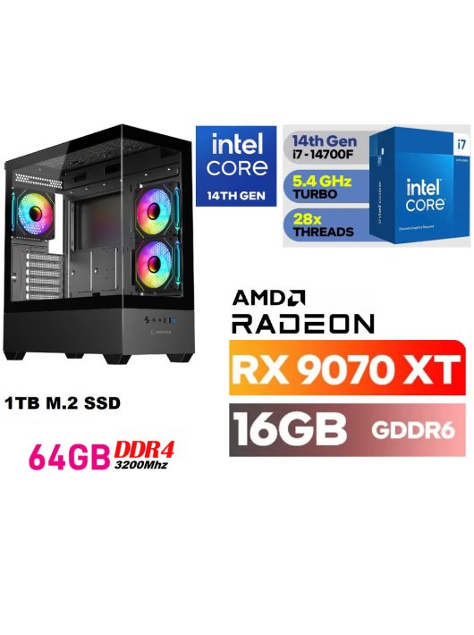 Gamer PC: Intel Core i7 14700F CPU 14. Generáció + AMD Radeon RX9070XT 16GB VGA+ 64GB DDR4 RAM+1TB SSD