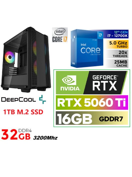 Gamer PC:Intel Core i7 12700KF 12 magos CPU+ Nvidia RTX 5060 Ti 16GB VGA+32GB DDR4 RAM+1TB SSD