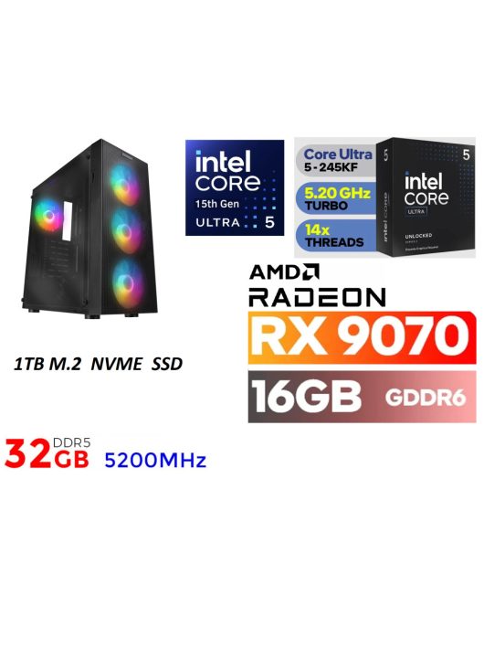 Gamer PC: Intel Core ULTRA 5-245KF 14 magos CPU 15. Generáció!!+AMD RADEON RX 9070 16GB VGA+ 32GB DDR5 RAM