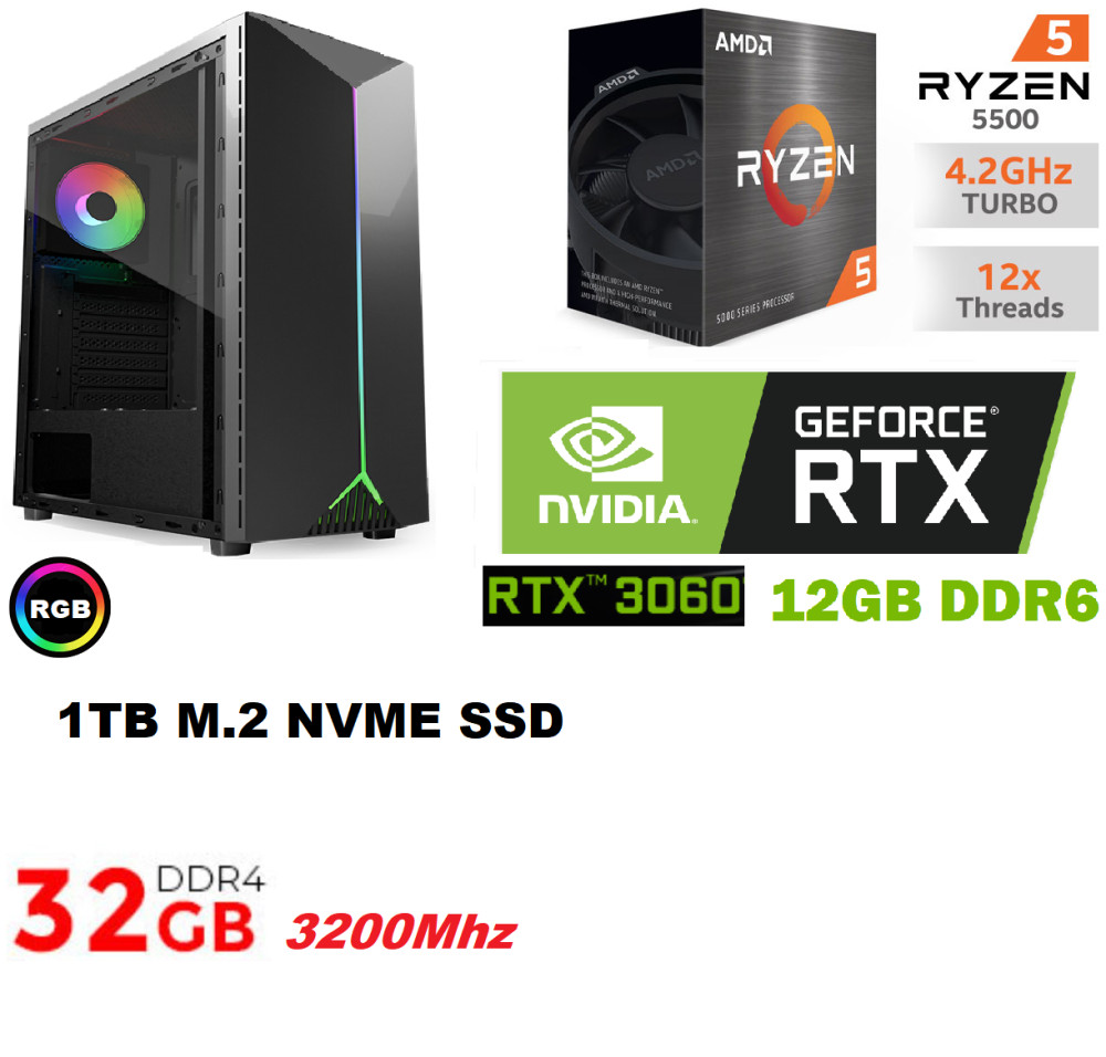 Megaport PC Gamer - AMD Ryzen 5 5500 6x 3.60 GHz - NVIDIA GeForce RTX3060  12Go - 16Go RAM - 500Go M.2 SSD - 1To HDD - 211-FR - Cdiscount Informatique