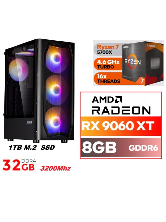 Gamer PC: AMD Ryzen7 5700X  8 magos CPU+ AMD Radeon RX9060XT 8GB VGA+32GB DDR4 RAM+1TB SSD