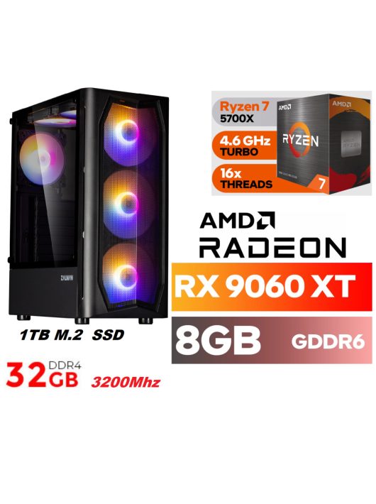 Gamer PC: AMD Ryzen7 5700X  8 magos CPU+ AMD Radeon RX9060XT 8GB VGA+32GB DDR4 RAM+1TB SSD