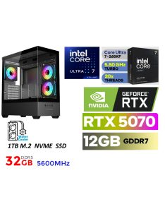   Gamer PC: Intel Core ULTRA 7-265KF 15. Generáció 20magos CPU+NVIDIA RTX 5070  12GB VGA+ 32GB DDR5 RAM