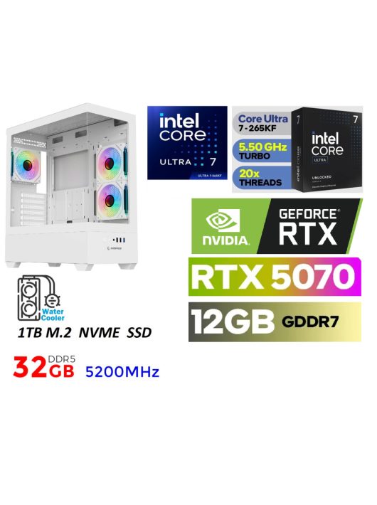 Gamer PC: Intel Core ULTRA 7-265KF 15. Generáció 20magos CPU+NVIDIA RTX 5070  12GB VGA+ 32GB DDR5 RAM