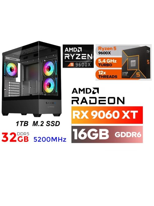 Gamer PC: AMD Ryzen5  9600X  9. Generáció! CPU + AMD Radeon RX 9060XT 16GB VGA+32GB DDR5 RAM