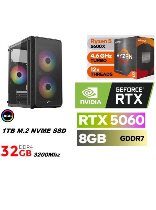 Gamer PC: AMD Ryzen5 5600X 6 magos CPU+ NVIDIA RTX 5060 8GB VGA +32GB DDR4 RAM+1TB SSD