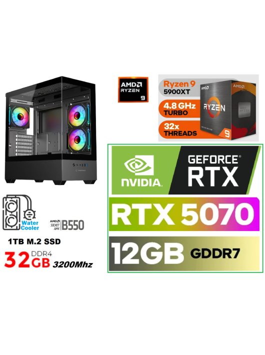 Gamer PC: AMD Ryzen 9 5900XT  16 magos CPU+ NVIDIA RTX 5070 12GB VGA+32GB DDR4 RAM+1TB SSD