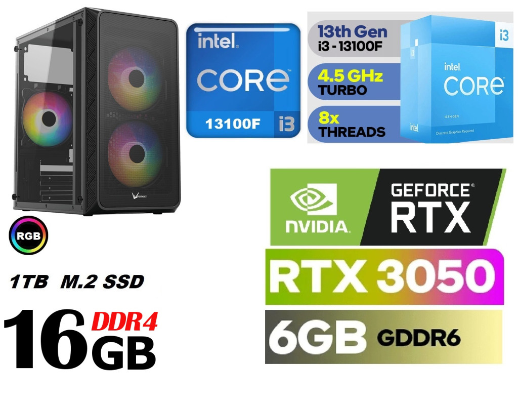 Gamer PC: Intel Core i3 CPU + Nvidia RTX 3050 6GB VGA+ 16GB