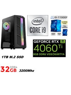   Gamer PC: Intel Core i9  8 magos CPU 11. Generáció!+ Nvidia RTX 4060 Ti 8GB VGA+32GB DDR4 RAM+1TB SSD