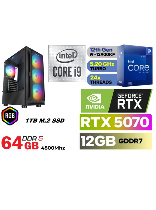 Gamer PC: Intel Core i9  16 magos CPU 12. Generáció!+ NVIDIA RTX 5070 12GB VGA+64GB DDR5 RAM+1TB SSD