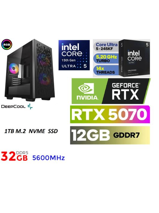 Gamer PC: Intel Core ULTRA 5-245KF 14 magos CPU 15. Generáció!!+ Nvidia RTX 5070 12GB VGA+ 32GB DDR5 RAM