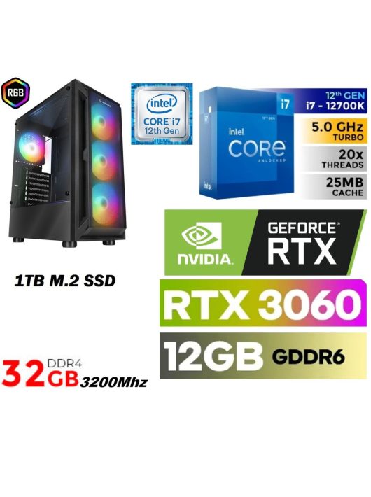 Gamer PC: Intel Core i7 12magos 12700KF CPU+ Nvidia RTX 3060 12GB VGA+ 32GB DDR4 RAM+1TB SSD