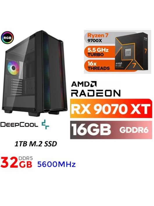 Gamer PC: AMD RYZEN 7 9700X  9. Generáció CPU+AMD Radeon RX 9070XT 16GB VGA+32GB DDR5 RAM+1TB SSD