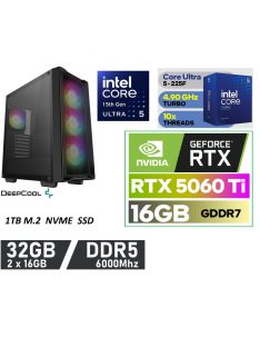   Gamer PC: Intel Core ULTRA 5-225F 10 magos CPU 15. Generáció!!+ Nvidia RTX 5060 Ti 16GB VGA+ 32GB DDR5 RAM
