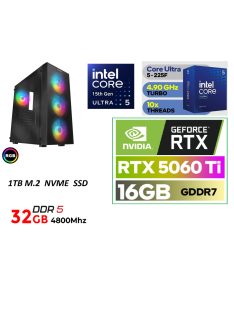   Gamer PC: Intel Core ULTRA 5-225F 10 magos CPU 15. Generáció!!+ Nvidia RTX 5060 Ti 16GB VGA+ 32GB DDR5 RAM
