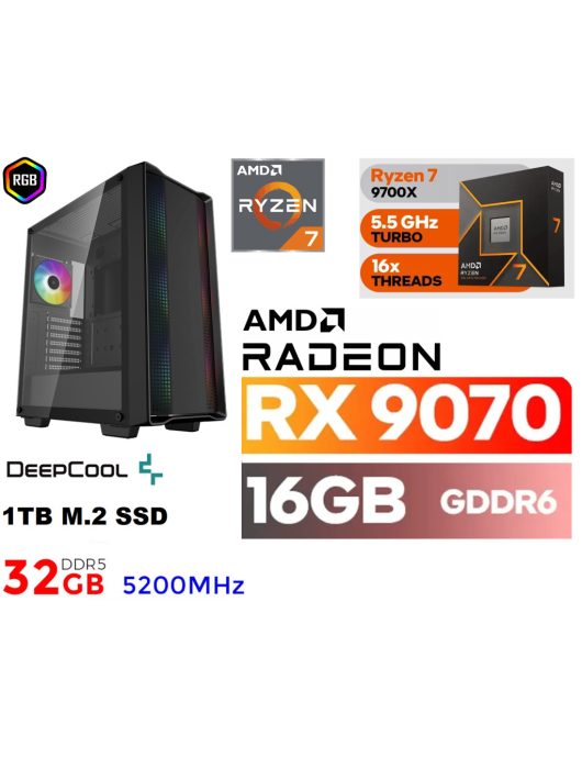 Gamer PC: AMD Ryzen7 9700X  9. Generáció! CPU+ Radeon RX 9070 16GB VGA+32GB DDR5 RAM+1TB SSD