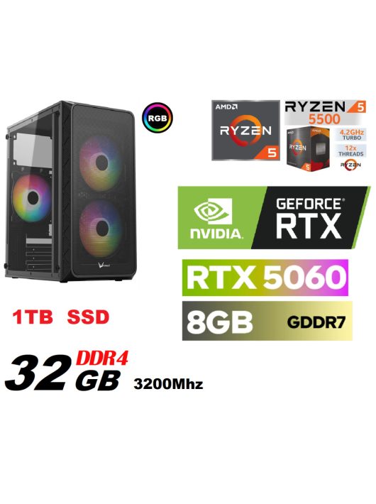 Gamer PC: AMD Ryzen 5500  6 magos CPU+ RTX 5060 8GB VGA+32GB DDR4 RAM